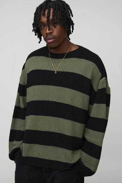 Tall Oversized Boxy Stripe Distressed Knitted Jumper