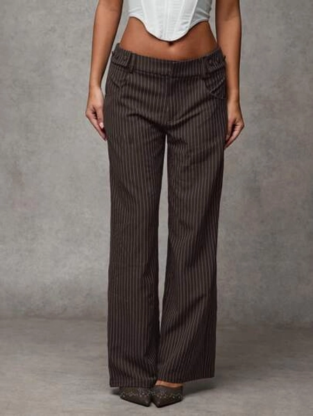 SHEIN BAE Women's Navy Blue Striped Low Waist Button Decoration Casual Simple Wide Leg Pants/Commuting Casual/Versatile Outing/Office Wear