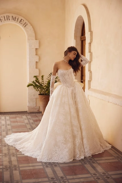Plus-Size Strapless Lace Ball Gown With Pearls And Bow | Kleinfeld Bridal