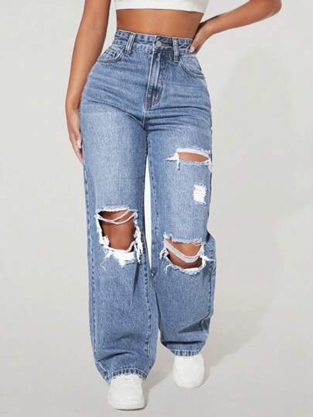 SHEIN PETITE Women's Loose Fit Casual Straight Leg Jeans With Pockets And Distressed Holes,Ladies Casual Pocket,Ripped,Zipper High Waist Straight Leg Long Medium Wash Cargo Pants Regular Fit Women Jeans,Spring/Fall,Casual Daily Wear