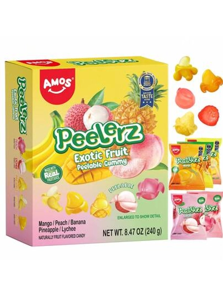 AMOS Peelerz Juice Gummy Candy, Peelable Mango/ Peach/ Banana/ Pineapple/ Lychee 5 Flavor Fruit-Inspired Candy, 8.47oz Box With 10 Individual Packs-Candy And Snacks, Snacks And Sweets