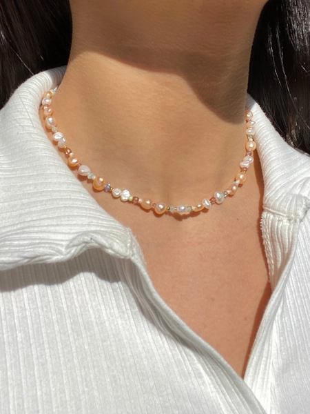 Freshwater Pearl Beaded Necklace, 24k Gold Clasp, Pastel Beads