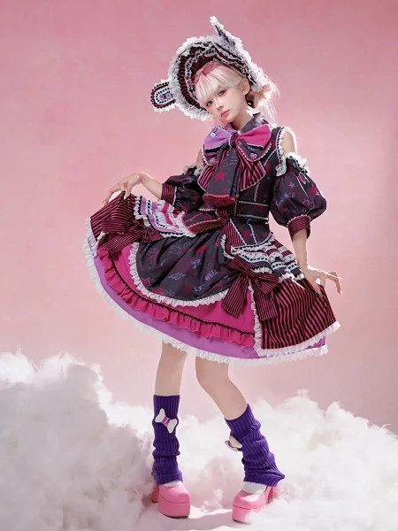 [£90.05]Pink and Purple Graffiti Print Sleeveless Top + Skirt Y2K Fashion Lolita Full Set