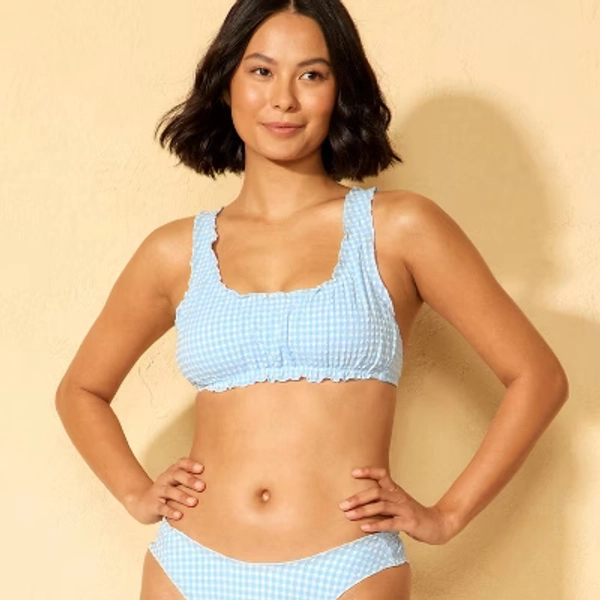 Women's Gingham Seersucker Ruffle Bralette Bikini Top - Wild Fable™ Blue/White XXS