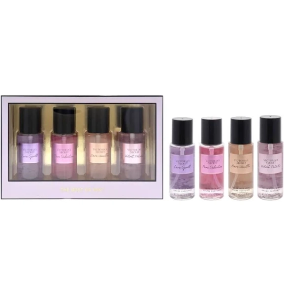 Victoria's Secret The Best of Mist Coffret cadeau 4 pièces pour femme : Love Spell, Pure Seduction, vanille nue, pétales de velours (70,9 g chacun)