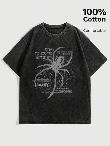 ROMWE Grunge Punk Vintage & Distressed Spider Slogan Print Snow Washed Short Sleeve T-Shirt For Women, Suitable For Hip Hop Street Style And Music Festivals DON'T TOUCH THE BOTTOM LINE, School, Unisex