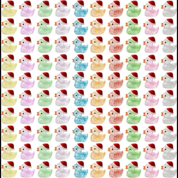 50pc Christmas Mini Resin Ducks Glitter Miniature Christmas Hat Duck Figures Shine Tiny Duck