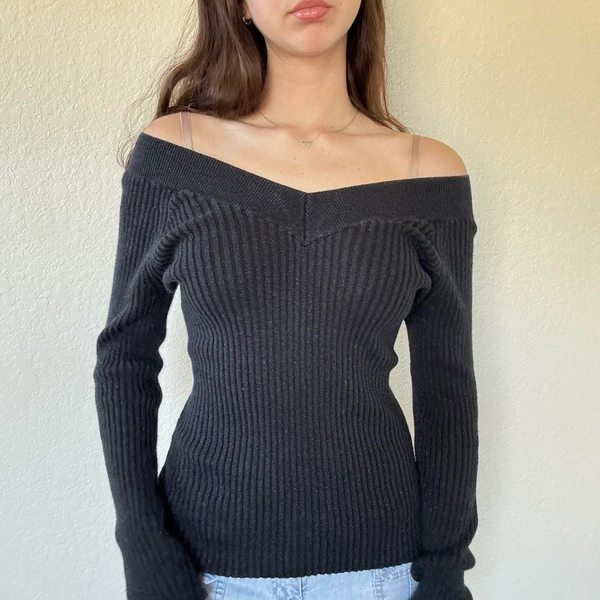y2k off the shoulder sweater with metallic...