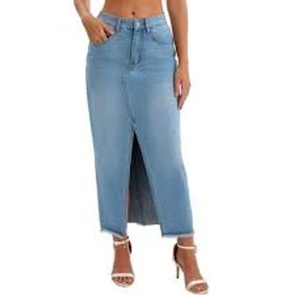 INSPIRE CHIC Women's Denim High Waist Split Front Raw Hem Washed with Pockets Maxi Skirt