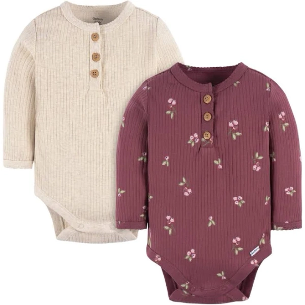 Gerber Baby Girls' 2-Pack Long Sleeve Henley Bodysuits