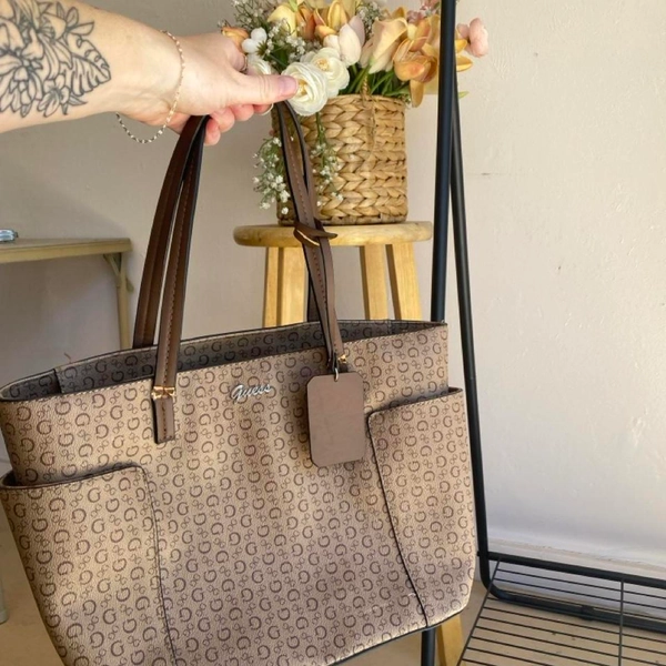 Guess brown and beige tote bag with repeating...