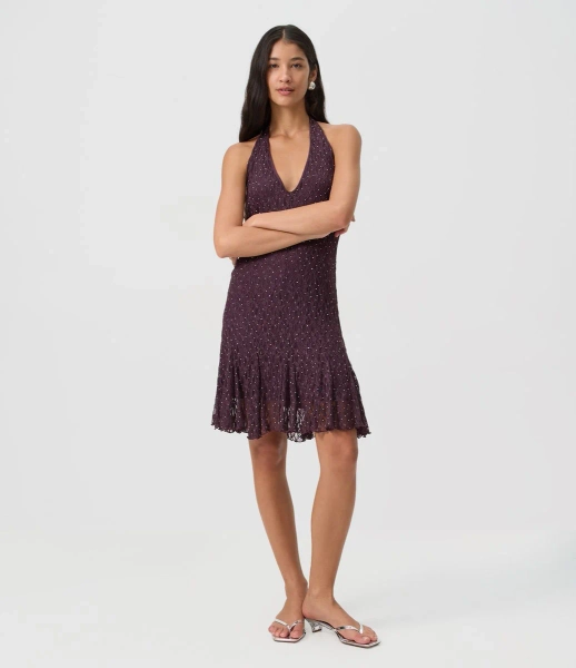 Vestido Frente Única em Renda com Tachinhas Roxo