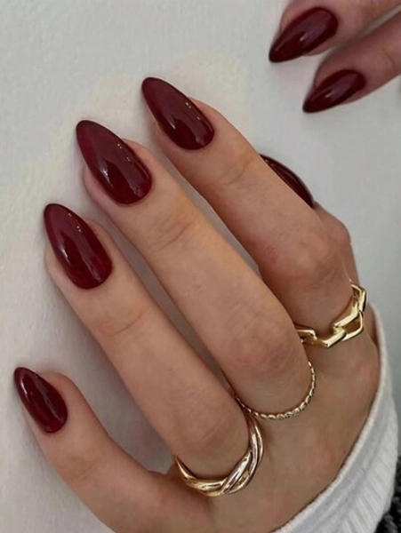 24Pcs Wine Red Solid Almond Wear Nail Tips + 1Pc Nail File + 1Pc Gel Polish Piece Press On Nails Nail Supplies Nails