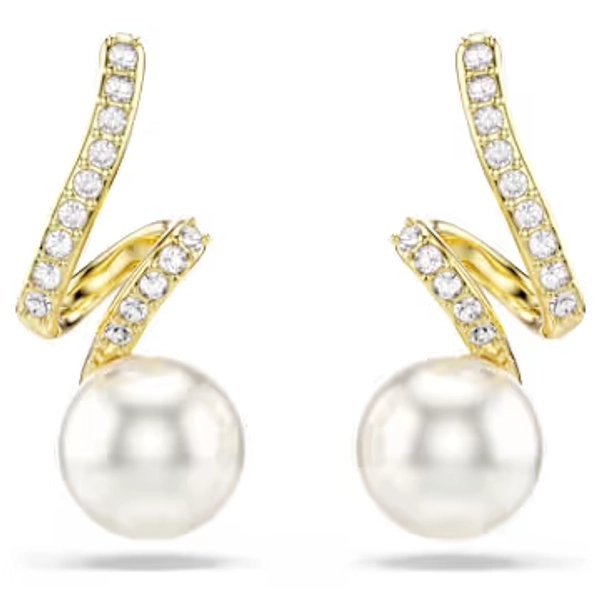 Gabriella earrings, Crystal pearl, Round cut, White, 18K gold finish