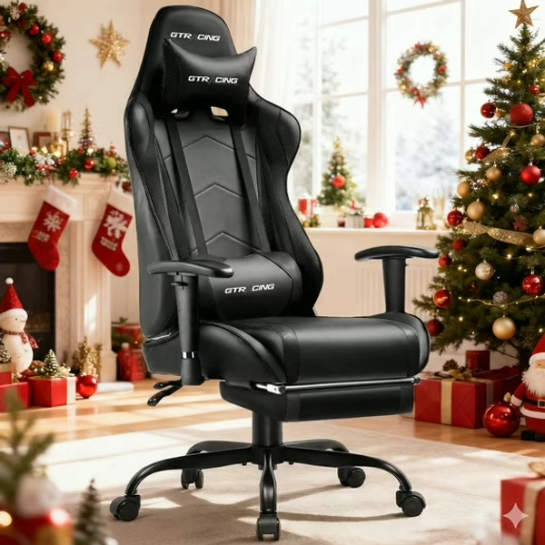 GTRACING Gaming Chair Office Chair PU Leather with Footrest & Adjustable Headrest, Black