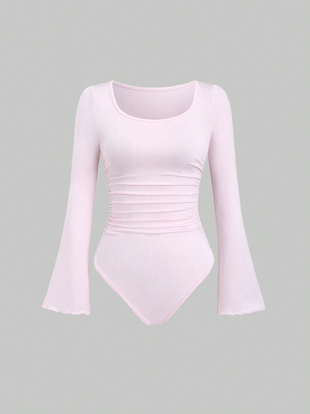 Sweetra Women's Solid Color Round Neck Long Sleeve Simple Bodysuit, Casual Everyday Wear Fall Cloth For Women