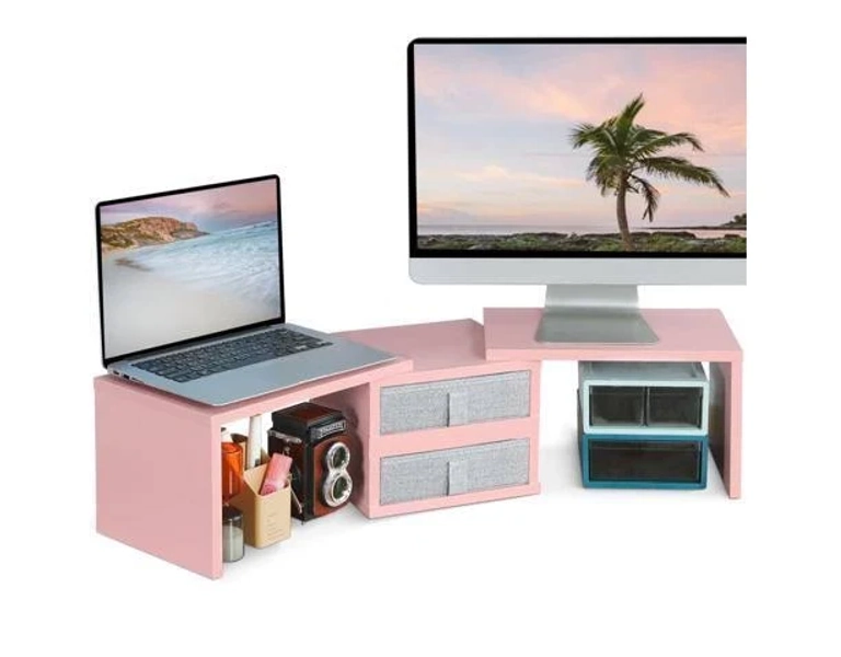 TEAMIX Pink Dual Monitor Stand Riser with 2 Drawers - Length and Angle Adjustable Double Corner Desk Shelf Organizer 37 inch for 2 Laptop/PC/Screen/TV