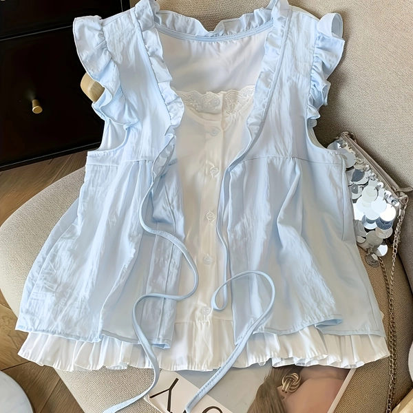 [Elegant V-Neck Blouse] Elegant V-Neck Blouse | Women's Sleeveless Light Button-Front Shirt with Ruffled Edges, Loose Fit H-Line Silhouette, Breathable Material, Office Attire, Smooth Texture Fabric, Sophisticated Casual Wear, Versatile Fashion Top
