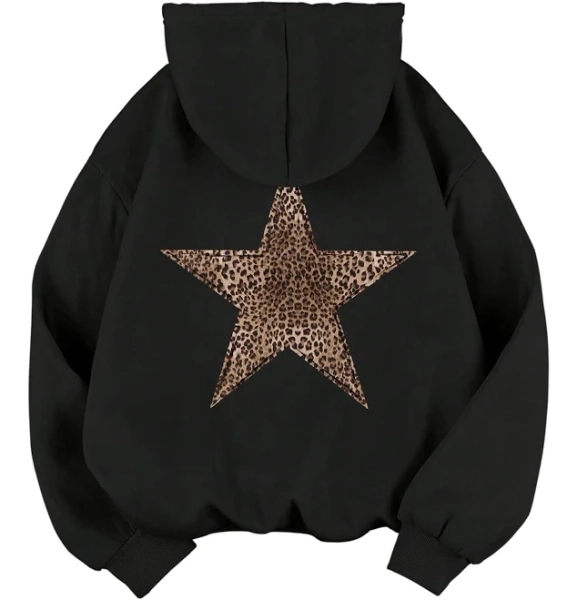 Baonmy Women's Star Leopard Print Hooded Preppy Fleece Sweatshirt