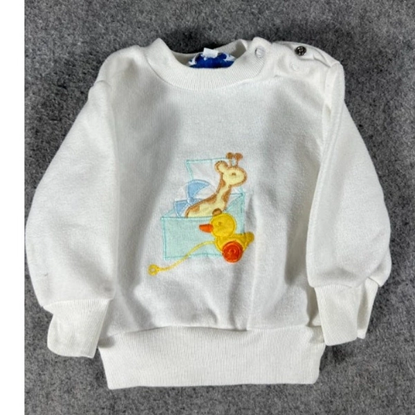 VTG 80s Baby Kisses Sweater Infant 6/9mos White Snap Crewneck Giraffe Duck Toy
