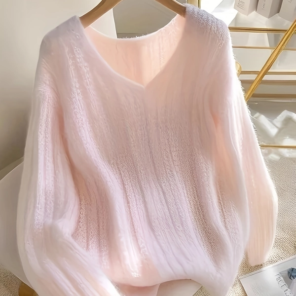 [Soft Pink V-Neck Sweater] Women's Soft Pink V-Neck Sweater - Cozy Long Sleeve Pullover for Spring, Summer & Fall, Casual Loose Fit, Lightweight & Breathable, Perfect for Casual Attire, Casual Wear Sweater | Vneck Sweater | Construction, Sweater Dress