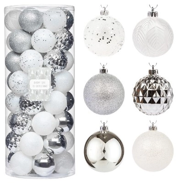 Every Day is Christmas Round 50ct 2.24"/57mm Shatterproof Christmas Tree Ornaments Set, Christmas Tree Balls Decoration (White Silver)