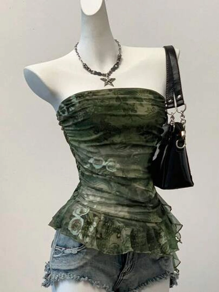 SHEIN EZwear Summer Y2k  Vintage  Grunge Graphic Printed Mesh Bandeau Top For Women Floral Tube Top