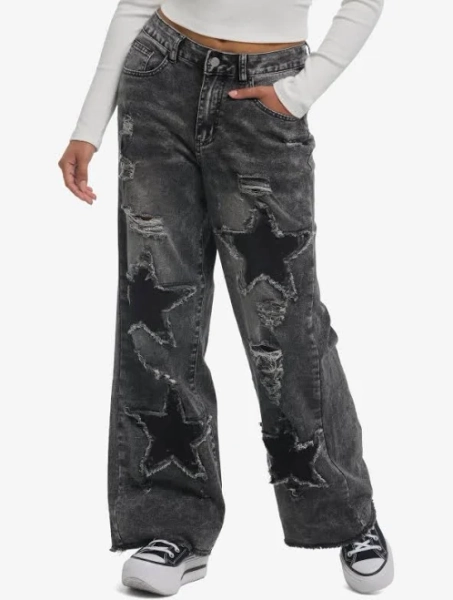 Wide Leg Frayed Star Jeans