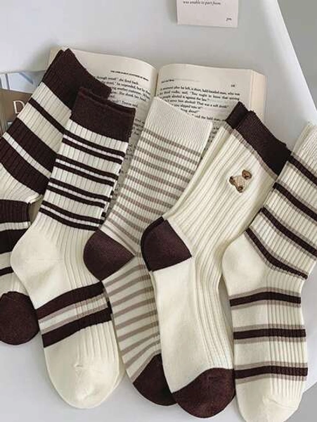 5pairs Brown Stripe Crew Socks For Women, Autumn & Winter