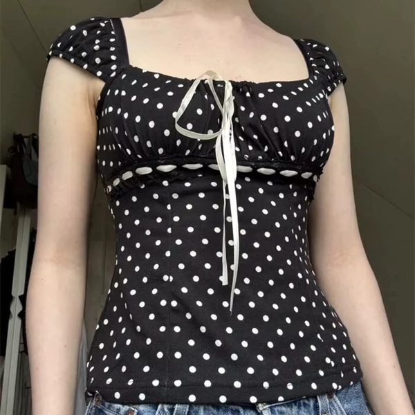 Gaono Retro 00s Dots Print Shirts Women Short Sleeve Tie-Up Front Casual T-Shirts Summer Slim Fit Tops Streetwear Grunge Clothes - AliExpress 200000345