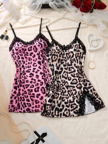 2pcs Women's Sexy Nightgowns, Leopard Contrast Color Lace Patchwork Bowknot Sleeveless Printed Hem Side Slit Spaghetti Strap Nightdress