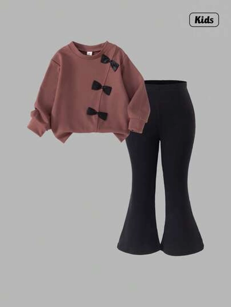 Sofia-Sweetra Young Girl Coffee Brown Knit Patchwork Long Sleeve Sweatshirt With Bow Accent, Solid Color Flared Pants Retro Comfortable Outfit, Autumn