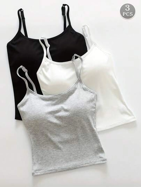 3pcs Women Plain Ribbed Camisole With Padded Bra, Casual Skinny Crop Top