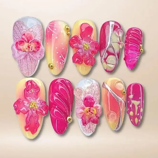Blooming Flowers Press On Nails | 3D Chrome Flowers Acrylic Nails | Stunning Floral False Nails Press On| Spring Summer Nail Art |