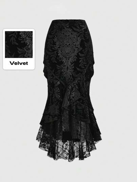 ROMWE Goth Elegant And Luxurious Palace Style Lace Applique Decorated Skull Embossed Velvet Spliced Lace Hem Women's Mermaid Skirt - Size M