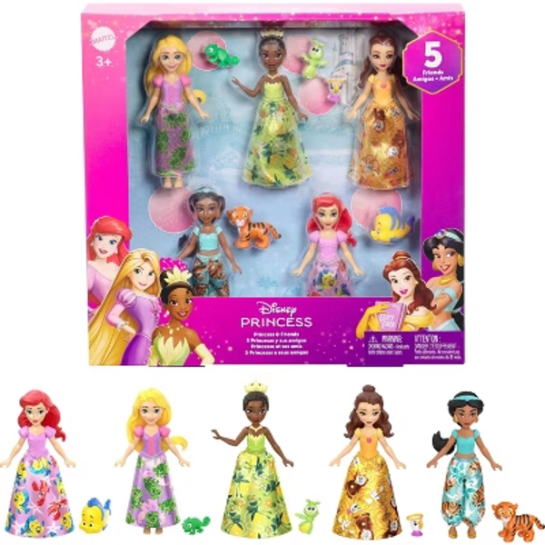 Disney Princess and Friends Set with 5 Small Dolls in Sparkling Outfits and 5 Friend Figures