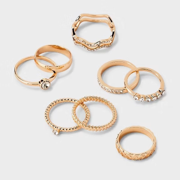 Rhinestone Band Ring Set 8pc - Wild Fable™ Gold: Stacking, Statement Jewelry, Medium/Large, Zinc Material