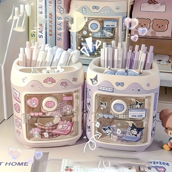 1pc Sanrio Multi-Functional Desk Organizer, Can Be Used for Stationery - Large Capacity Pencil Holder, Makeup Brush and Stationery Rack - Ideal Gift for Fans Aged 14 and Above, DIY Self-Adhesive Sticker Decoration, Patterns Are Random