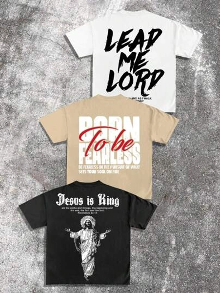 3 Piece Set Men's Printed Short Sleeve Casual T-Shirt Tops, Fashion