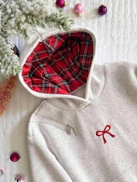 Tween Girls' Casual Collegiate Style Bow Embroidery Pocket Plaid Lining Hoodie Sweatshirt Fall Winter