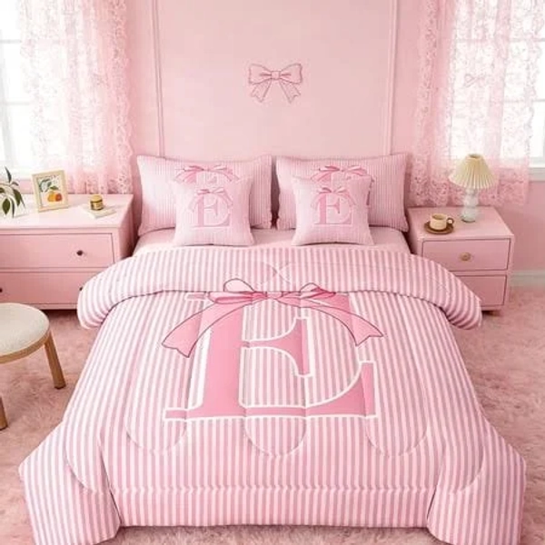 Pink Bow Comforter Set with Sheets 7 Piece King Size Dreamy Princess Bow Bedding Set for Kids Boys Girls Personalized Letter Y Bed in a Bag Room Decor