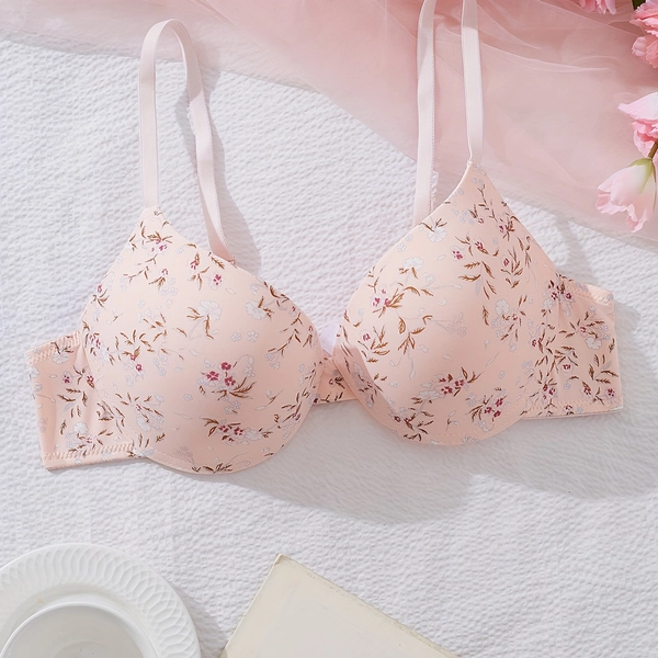 Loose Fit Underbust 1-Piece Women's Daily High-Cut Bra with Underwire, Floral Print, Comfortable Padded Push-Up Bra, Suitable for Women, Cute and Comfortable Underwear for Casual Attire