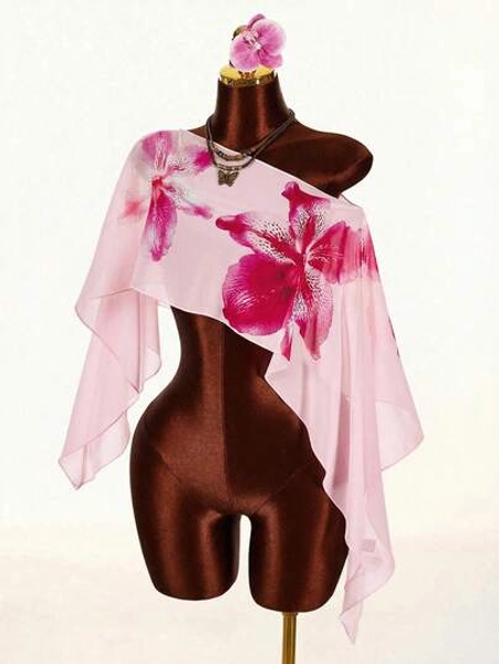 Amplova Women's Glittery Sheer Asymmetric Shoulder Loose Fit Asymmetrical Hem Blouse, Party Wear - Size XS