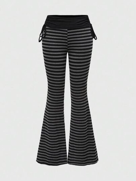 ROMWE Grunge Punk Punk Style Striped Contrast Color Drawstring Flare Leg Pants For Women