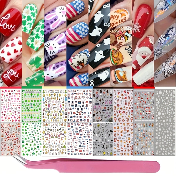 16 Sheets 7 Holiday Nail Art Stickers, Variety Pack All Season Nail Decals for All Year with Tweezers, 3D Self-Adhesive Nail Decoration - with 4th Of July Easter Halloween Fall Christmas Valentine St. Patrick's Day