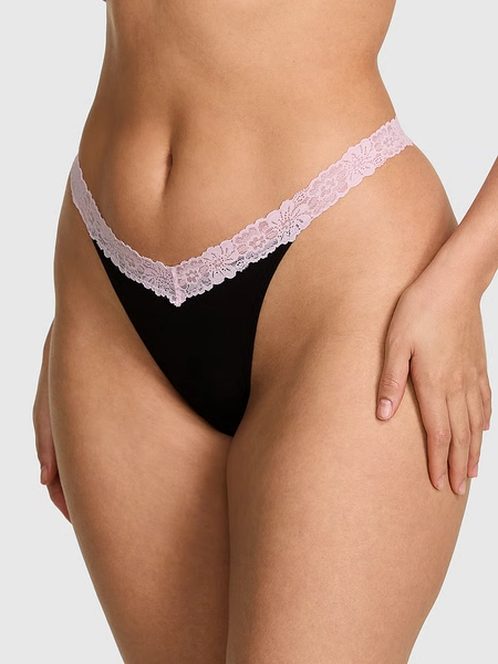 Cotton Lace-Trim Thong Panty