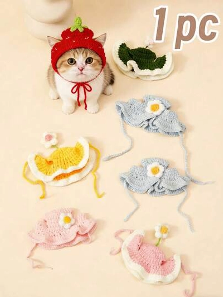 Handmade Knitted Pet Hat In Dog, Cat, Frog Shapes, Made Of Polyester Fiber, Fun Party Costume Headwear, Suitable For Small Cats - Size Pink Flowers