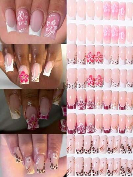 96Pcs(4Mixed )Long Square 3D Gel Nail Makes Flower Nails Design French Acrylic Press On Nails Long Fit Perfectly False Nails Set, Include: 1Pc Jelly Glue And 1Pc Nail File, Easy To Wear Summer Nails & French Tip Nails Art For Woman & Girl For Daily Wear And Party Use Nail Supplies Nails