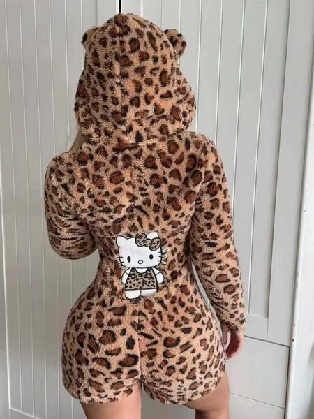 leopard print   plush hooded onesie shorts an - Temu