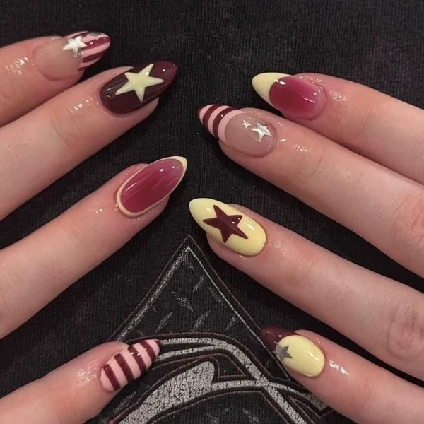 24pcs Colorful Five-pointed Star Press On Nails Red Stripes French Style Y2k Fake Nails Yellow Almond European Fake Nail Tips - AliExpress 